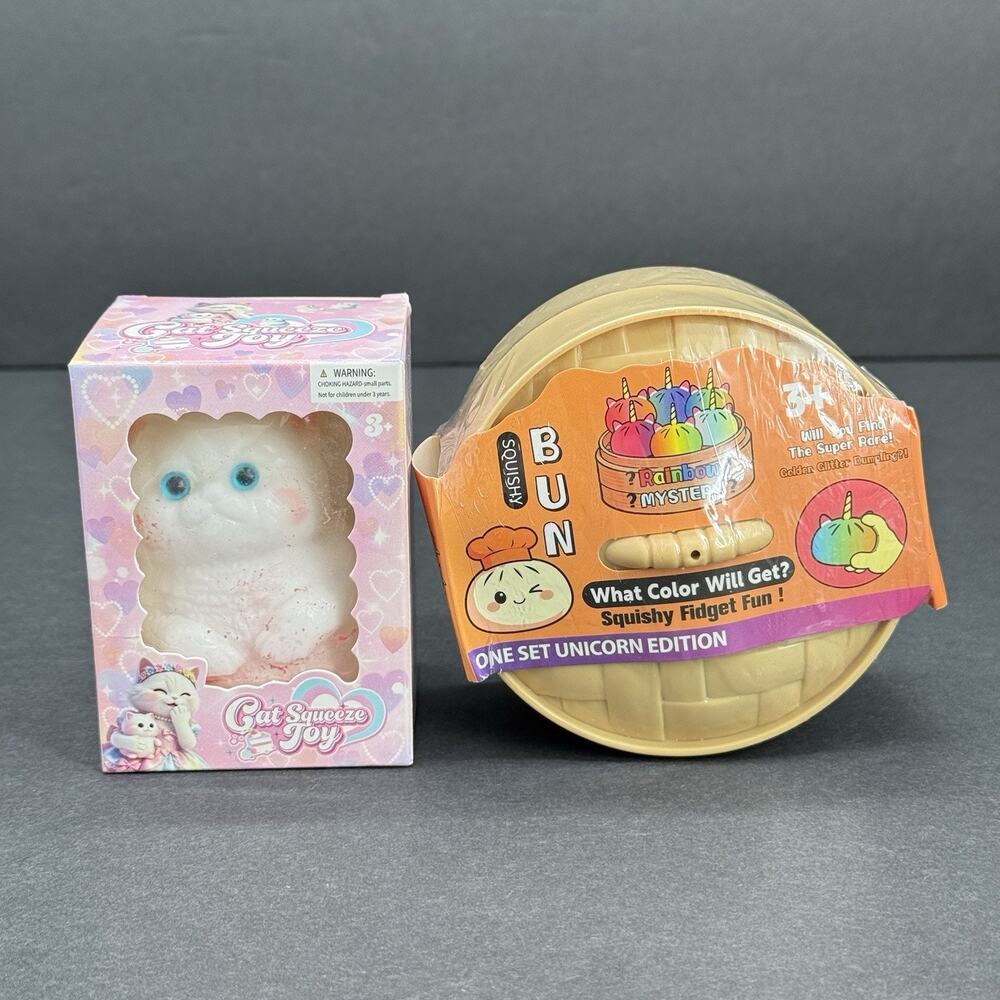Rainbow Unicorn Mystery Squishy Bun Dumplings Blind Surprise 3.5" + Cat Squeeze
